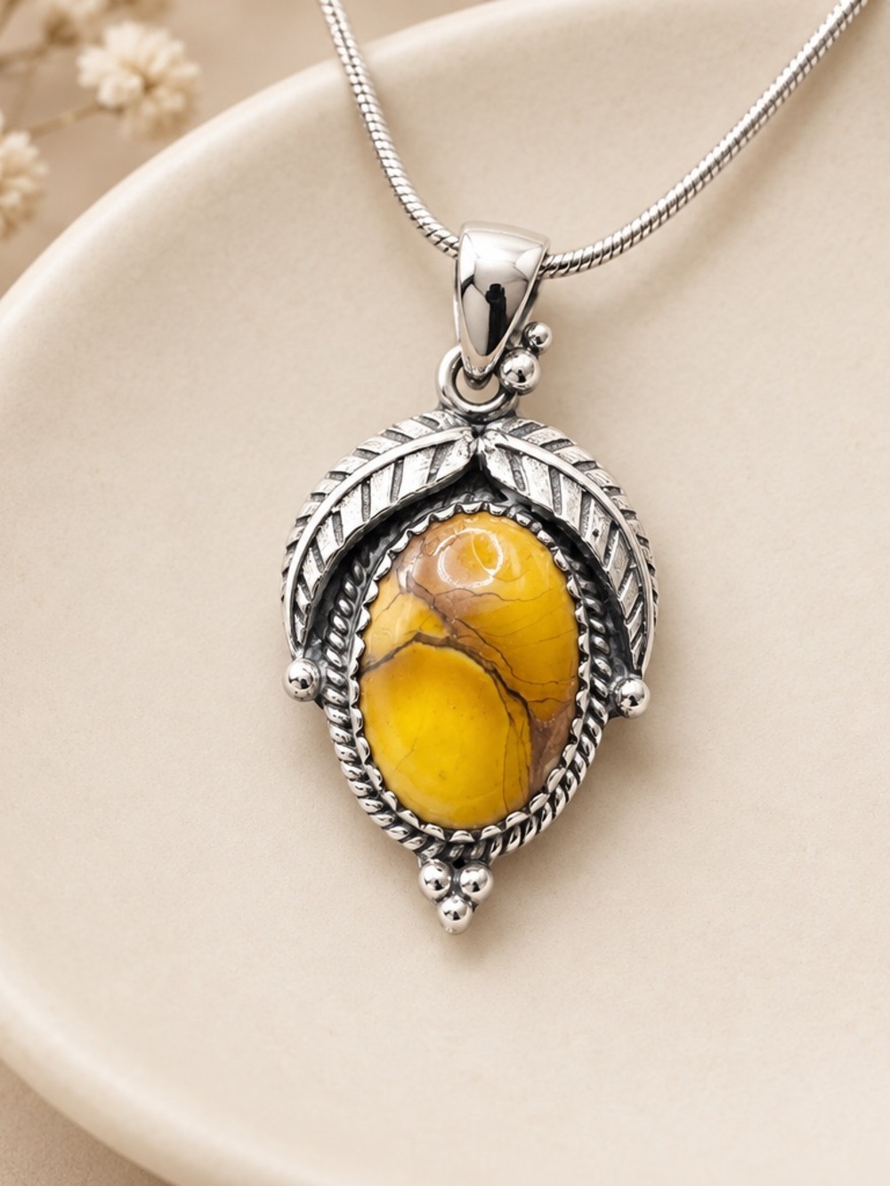 Kingman Honey Dahlia Turquoise Silver Leaf Pendant